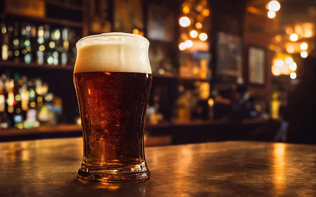A pint of lager resting on a polished wooden bar counter.